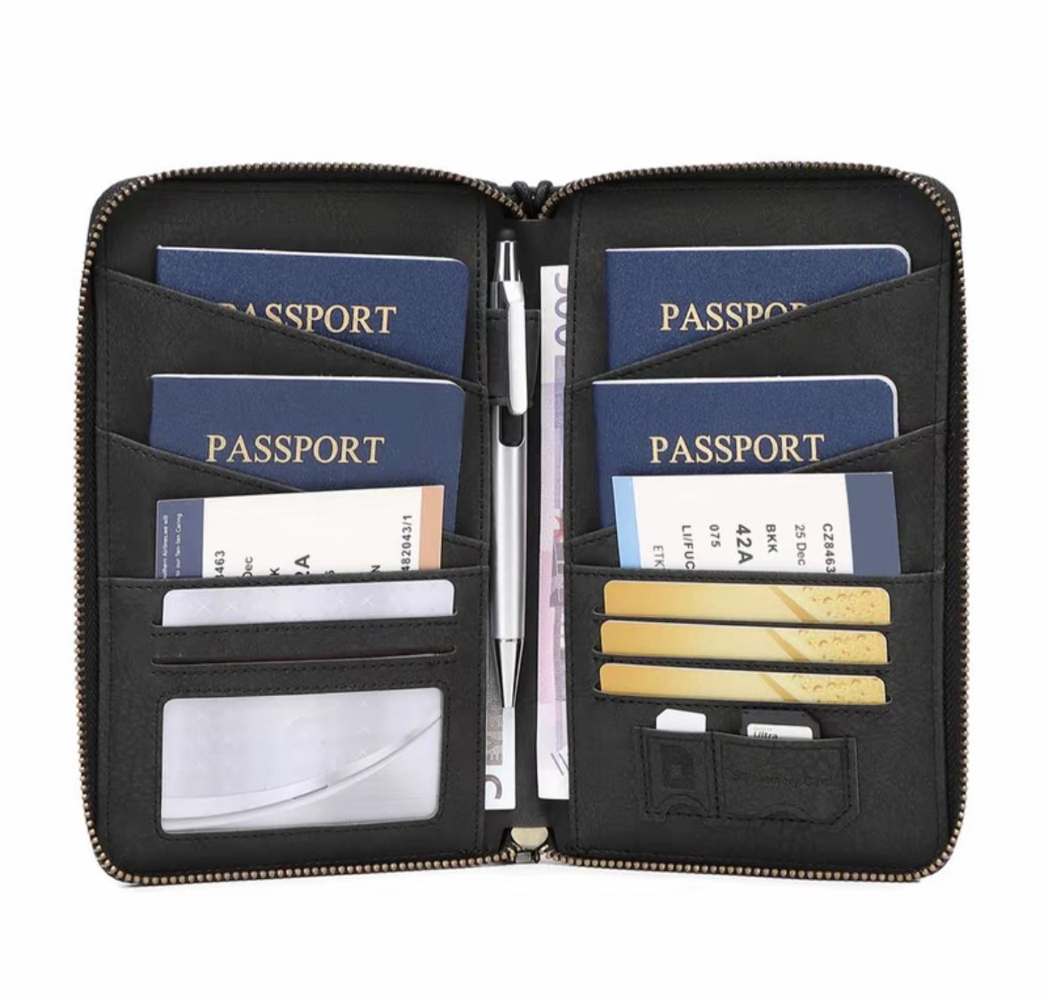 RFID Blocking Family Passport Holder – Multi-Passport Travel Wallet & Document Organizer Case with Wristlet, Zip Closure & SIM Card Slots – Black